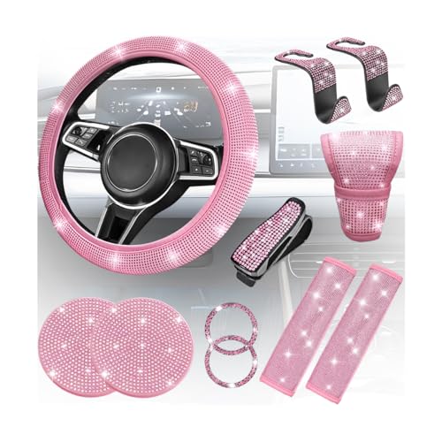 TNAIYH 11PCS/Set Bling Car Accessories Set for Women, Rhinestone Vehicle Steering Wheel Cover Seat Belt Cushion Gear Shift Protector Cup Holder Coaster, Universal Automotive Accessories (All Pink)