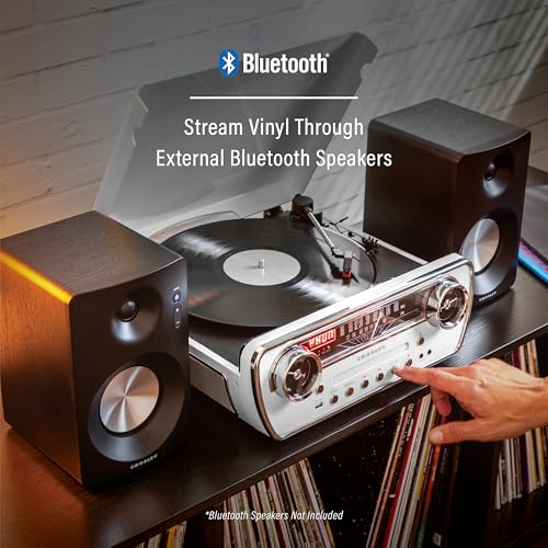 Image of Crosley CR6047A-WH Powel 7-in-1 Bluetooth in /Out Vinyl Record Player with AM /FM Radio, CD Player, and Aux-in, White