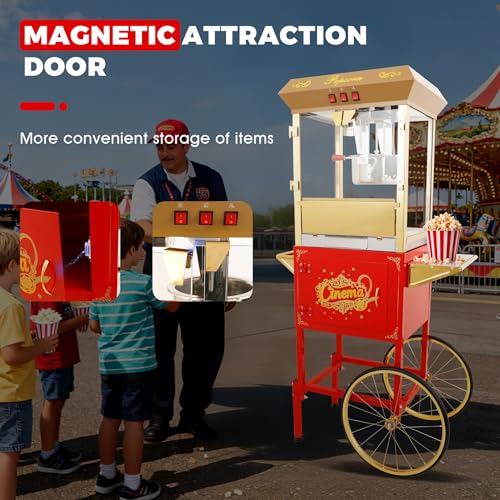 Image of 16Oz Commercial Popcorn Machine With Cart and 16 Oz Kettle, Movie Theater Popcorn Machine, Red Golden Pop Corn Machine with 3-Switch Control & Steel Frame Tempered Glass Doors