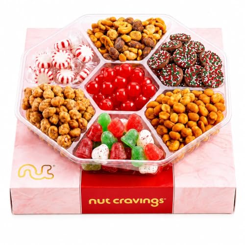 Image of NUT CRAVINGS - Xmas Candies & Mixed Nuts Gift Basket in Red & Gold Box (7 Assortments, 1 LB) Food Arrangement, Healthy Snack Care Package, Food Assortments