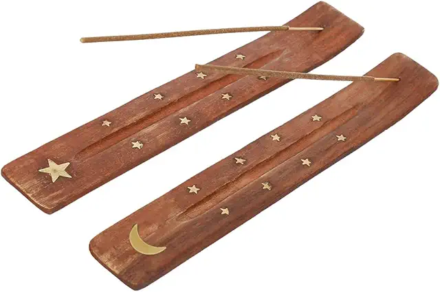 Porte-encens japonais en bois motif étoile et lune - Lot de 2 pièces pour méditation