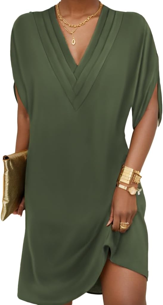 TIAFORD Womens Cover Up V Neck Mini Dress Short Batwing Sleeve Casual Plus Size Ruched Solid Color Flowy Beach Dresses