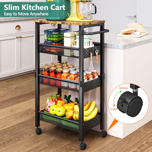 Image of Vivihomety Utility Slim Storage Cart with Wheels, 4-Tier Narrow Rolling Organizer Shelf with Wood Top, Metal Storage Rack and Space-Saving Organizer for Bathroom, Kitchen, Laundry Room, Small Spaces