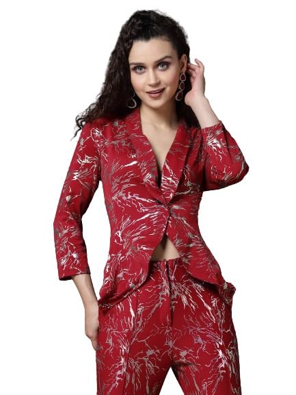 Women Blazer Women Red Foil Printed Single-Breasted Party Blazer-image-42