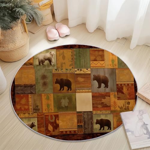 Alfombras Redondas Antideslizante 150 cm, Franela Suave Pelo Corto Alfombra Redonda Estilo Campestre Patrones De Vida Silvestre Imprimir para Dormitorio Sala de Estar Decoración, Marrón Oscuro