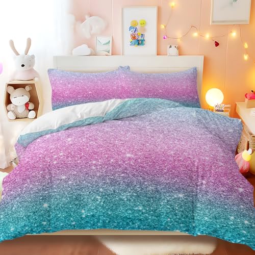 BlessLiving Kids Girls Colorful Glitter Bedding Duvet Covers Set Single: Cute Soft Zipper Pink and Purple Pastel Rainbow Bed 3 Piece Quilt Covers and Pillowcases Small Mildly Cosy Bedroom Decor