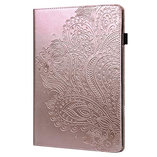 LMFULM® Hülle für Lenovo Tab E10 TB-X104F (10,1 Zoll) PU Lederhülle Smart Hülle mit Ständer Schutzhülle Flip Cover Präge Pfauenblumen Roségold