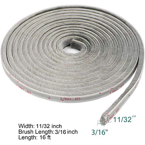 Torrami Felt Pile Weather Stripping 11/32 Inch X 3/16 Inch X 16 Ft, Sliding Windows And Door Frame Side Brush Seal, Draft Stopper Soundproofing, Grey #TOP1