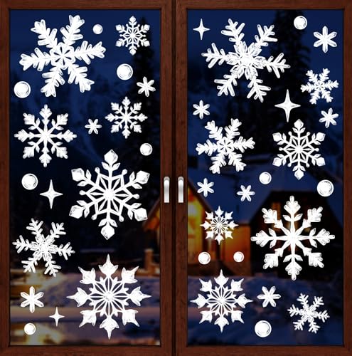 Image of 137pcs Christmas Snowflake Window Clings Decals, Realistic Extra Large White Crystal Snowflakes Stickers Decorations for Holiday Celebration Merry Christmas Party Winter Frozen Ornaments