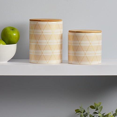 Miniatura 6 de Home Basics Juego de recipientes de cocina de rayas de diamante mediano (blancodorado) moderno para encimera de cocina, con tapa de bambú, perfecto
