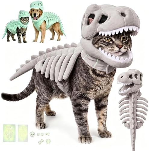 2026 New Dog Skeleton Costume, Soft Plush Dog Dinosaur Skeleton Costume, Cat Skeleton Costume, Dog Halloween Costumes for Medium Large Pet Cosplay Party Family (Gray, 17.7in Fluorescent)