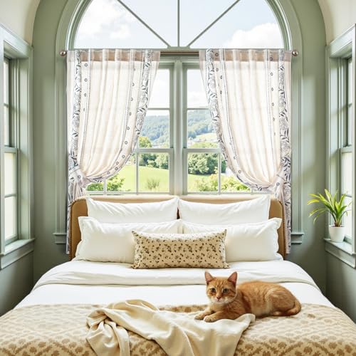 Image of jinchan Blue Floral Linen Kitchen Tier Curtains 45 Inches Back Tab 2 Panels