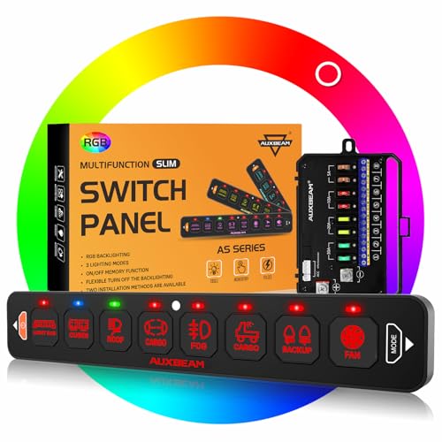 Auxbeam 8 Gang Slim Switch Panel RGB AS-R80 Toggle Momentary Pulsed Dimmable Backlight 80A Multifunction Switch Panel with Memory Function for 12-24V Truck Offroad Car Marine 3 Years Warranty