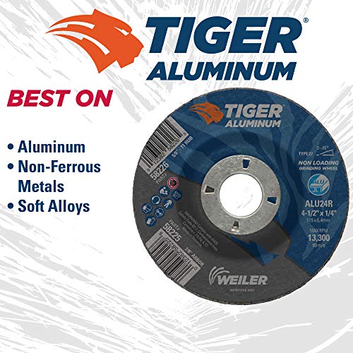 Image of Weiler 58225 4-1 /2 x 1 /4 Tiger Aluminum Type 27 Grinding Wheel ALU24R 7 /8 A.H (Pack of 10)