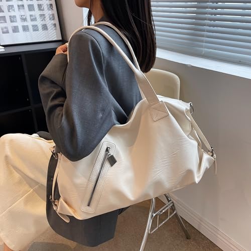 Image of Tote Bag For Women, Vegan Leather Retro Shoulder, Large Capacity Travel Bag, Hobo Handbags.（white）