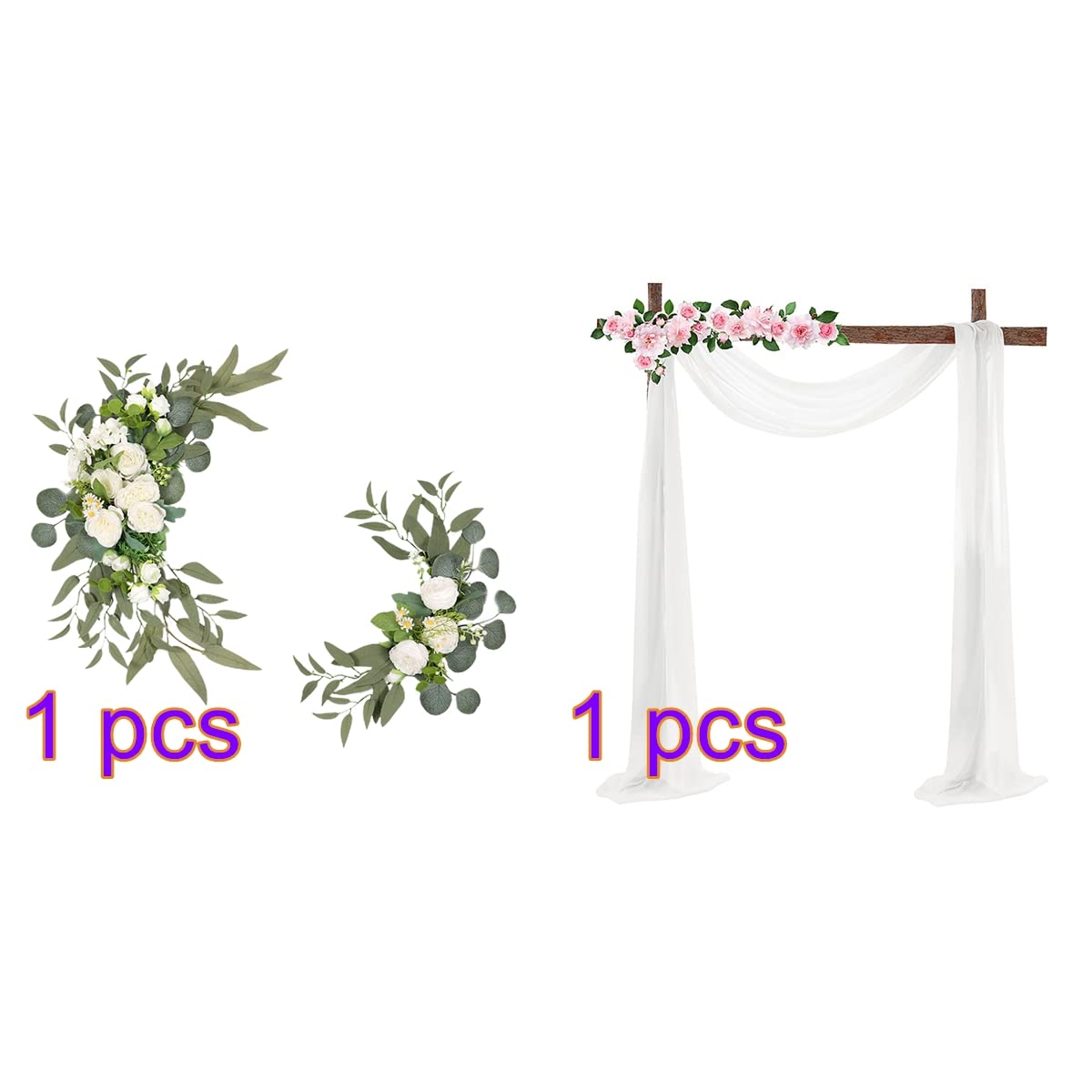 BestAlice Künstliches Hochzeitsbogen-Blumen-Set (3er-Set), 2 künstliche Blumengirlanden mit 1 weißem Drapierstoff für Hintergrunddekoration, Weiß 4
