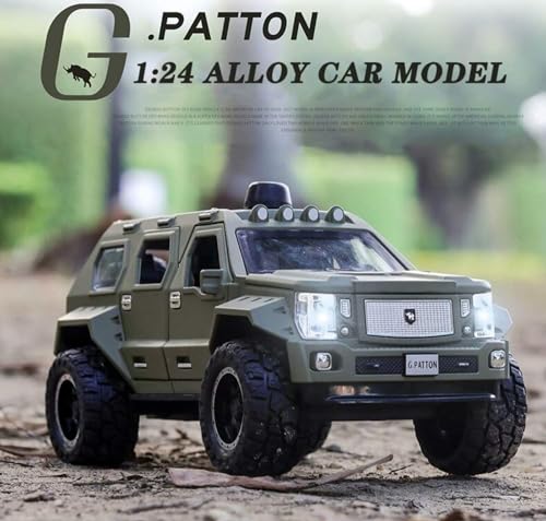 Image of 1:24 George Patton Off-Road Diecast Model Car Metal Pull-Back Vehicle with Sound Light & Opening Door Kids Toy Gift for Boys & Girls Fun Adventure Play (Green)