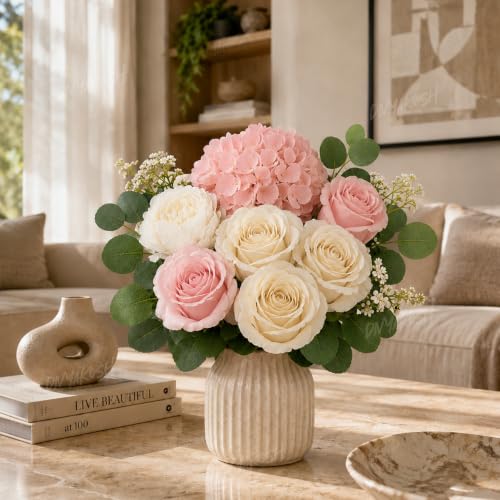 Image of Divyakosh Artificial Flowers for Vase (Vase Not Included) Artificial Flower for Vase, Flower Bouquet Gift, Blush Pink Hydrangea, Ivory Rose & White Peony Artificial Flower Arrangement for Living Room