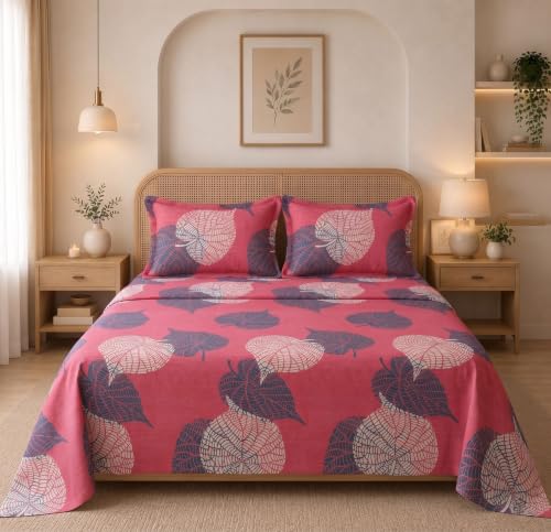 Image of HOMEKART Glace Cotton 160 TC LeafPrinted Double Bedsheet with 2 King Size Pillow Covers | Soft & Durable | 86 x 88Inches (Rose Pink)