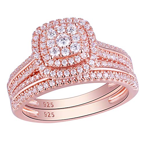 SHELOVES Rose Gold Cz Wedding Engagement Ring Set for Women Sterling Silver Cubic Zirconia Size 10