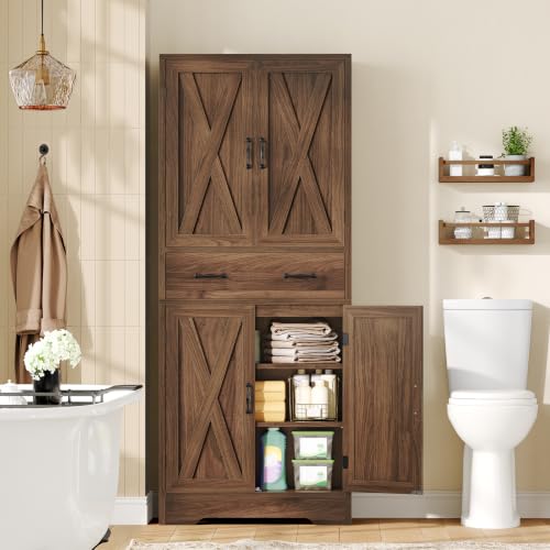 Image of TEENFON Tall Storage Cabinet with 2 Adjustable Shelves & 1 Large Drawer, Kitchen Pantry Cabinet with 4 Doors, Bathroom Storage Cabinets, for Living Room, Kitchen, Bathroom, Walnut