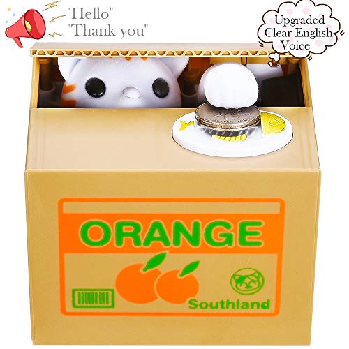 LUFENG Cat Money Box, Piggy Bank for Kids/Adults, Automatic Stealing Coin Money Bank with Upgraded Clear English Speaking, Kids (Orange Money Box)