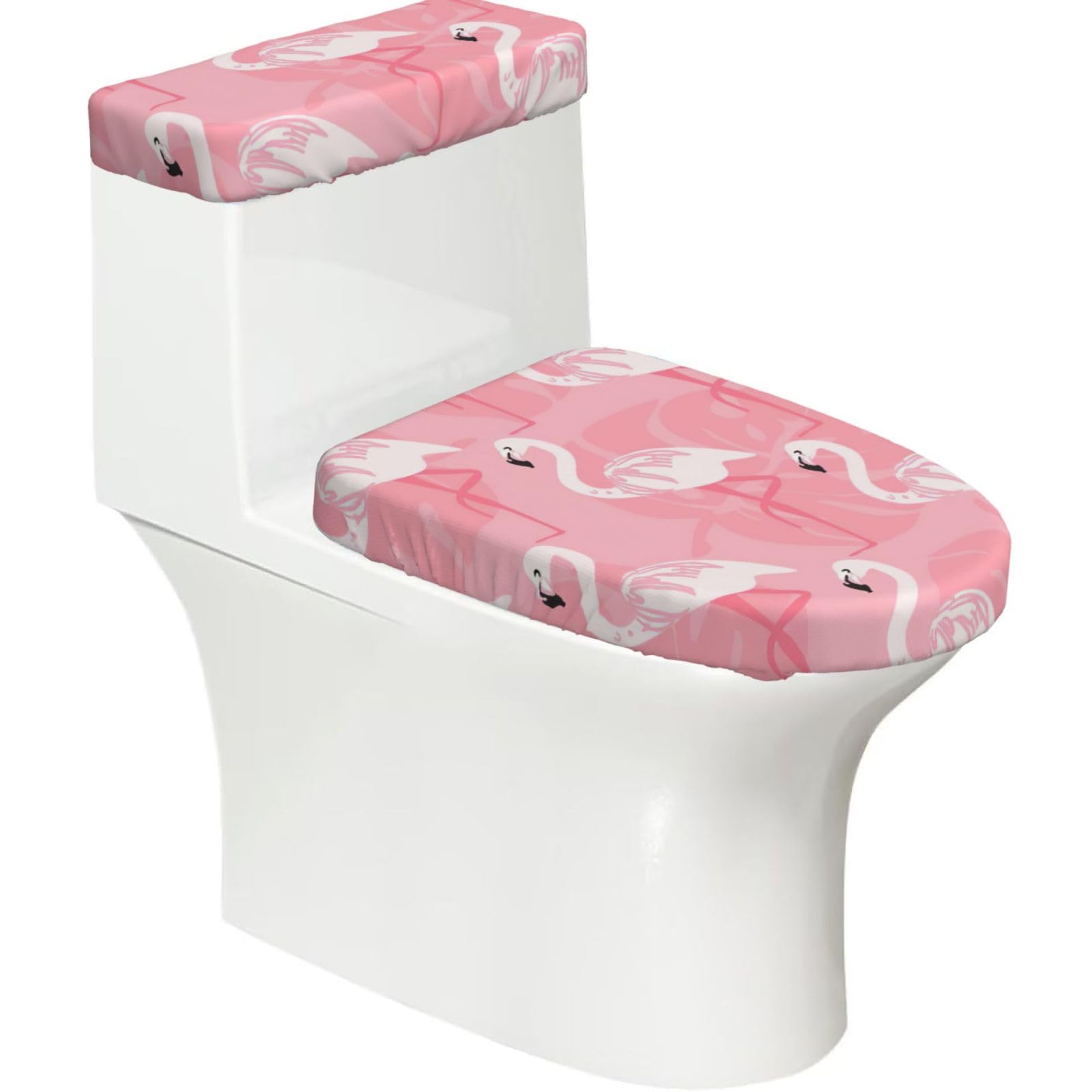 Summer Flamingo Palm Leaves Print Bathroom Decor Toilet Lid Cover And Tank Covers, Restroom Accessories Fits Most Round