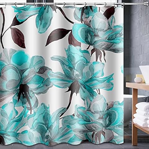 Teal Shower Curtain,Turquoise Flower Floral Shower Curtain with 12 Hooks, Blue Watercolor Colorful Abstract Shower Curtain, Washable Waterproof Fabric Shower Curtain Set for Bathroom (36" x 72") Cover