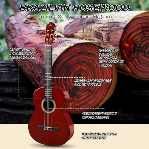 Image of Classical Guitar Full Size 4 /4 Spanish Style Classical Guitarra, 39 Inch Nylon Strings Guitar Ideal for Beginner Adults, Solid Rosewood Red, by Vangoa