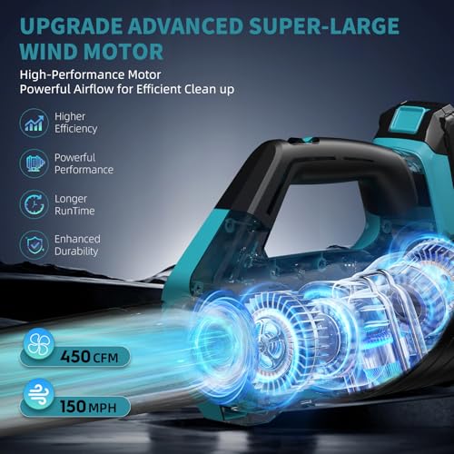 Image of Leaf Blower, 2 * 2.6AH Batteries and Fast Charger, 450CFM &150MPH-Blue