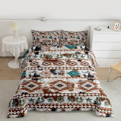 Homemissing Southwestern - Juego de edredón de tamaño doble de cuero vacuno para niños y niñas, estampado de piel de vaca, edredón bohemio para decoración de dormitorio, negro, marrón, beige