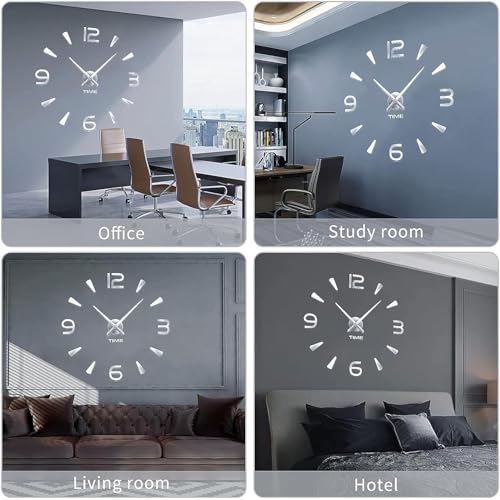 Image of Large DIY Wall Clock Kit | Frameless Modern 3D Wall Clock with Mirror Number Stickers for Home Living Room Bedroom Office Decoration (Silver)
