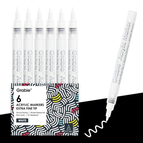 Grabie 6 White Acrylic Paint Markers 0.7mm Extra Fine Tip Acrylic Paint Pens for Drawing Coloring Books for Adults