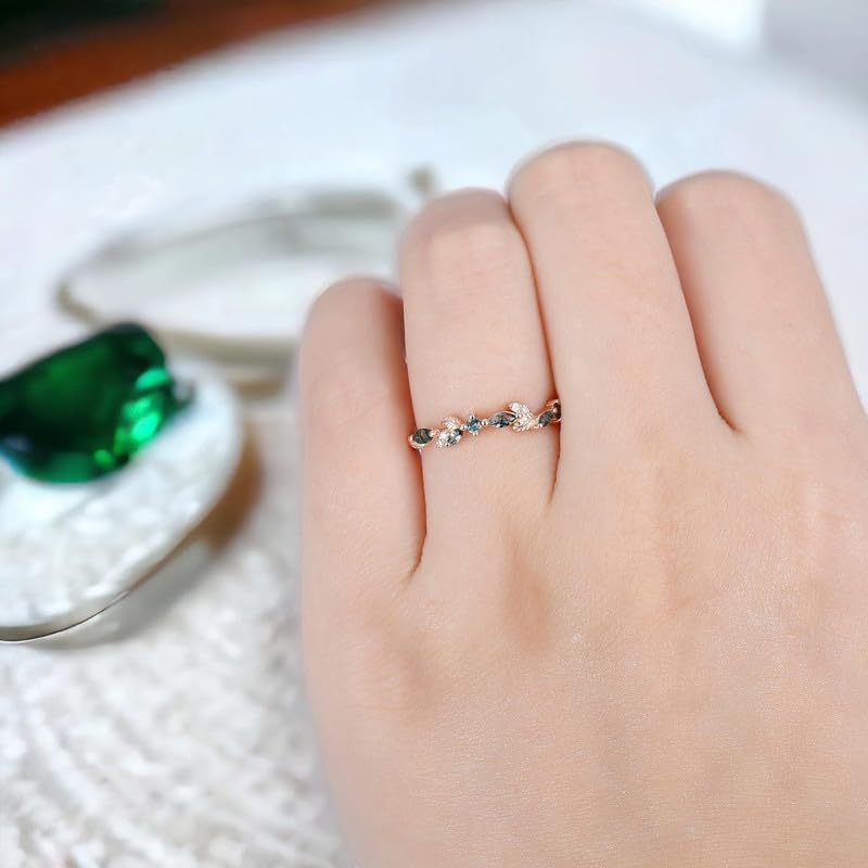 Leaf Vine Moss Agate Wedding Band Marquise Alexandrite and Moissanite Accents Dainty Promise Ring Handcrafted Elegant Bridal Jewelry for Her