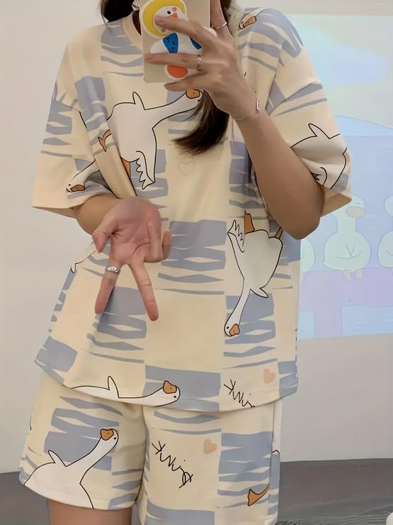 Image of Lunza Women's Cotton Blend Pajama Set, Short Sleeve T-Shirt and Shorts, Cute Bear Print Nightwear