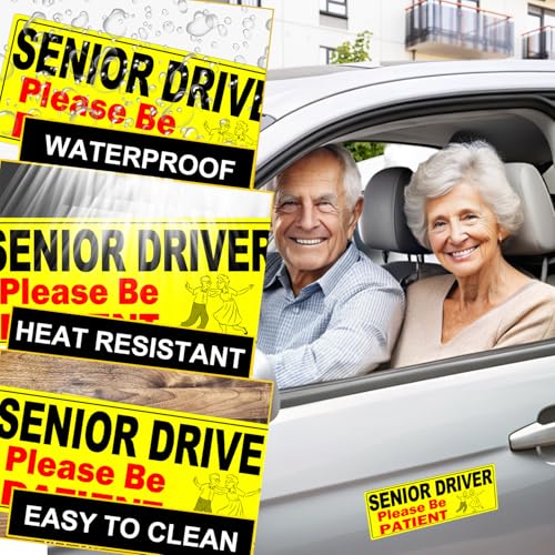 Image of 2 Pack Senior Driver Car Magnet Sign, Elderly Driver Magnet for Car, Please Be Patient Caution Sign to Old Grandma and Grandpa, Gag Prank Funny Gifts for Women, Men(Black - 2 Pack)