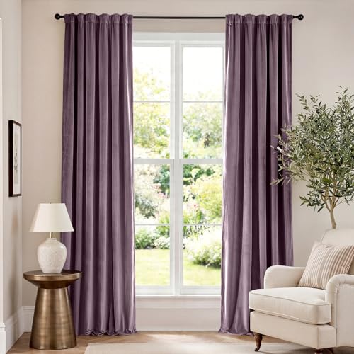 Image of Blackout Lavender Purple Velvet Curtains 52x96 Inch 2 Panels | Soft Velvet, For Bedroom & Living Space, Light Shifting Texture, Refined Drape, Serene, Elegant, Rod Pocket