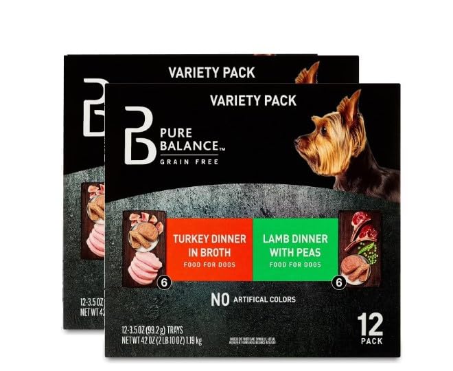 (2 Pack) ~ Pure~Balance Grain-Free Wet Dog Food Variety Pack ~ 12 Count 3.5 Oz ~Trays Lamb Dinner with Peas Turkey in Broth No Artificial Colors Moist Texture All Breed Adult Dogs.