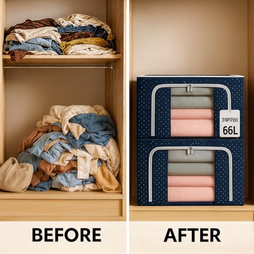 Image of Clothes Storage Box with Steel Frame, 66L- Pack of 6, Foldable Organizer for Saree, Dress, Almirah, Cupboard, Bedsheets,closet, Wardrobe organiser, underbed storage