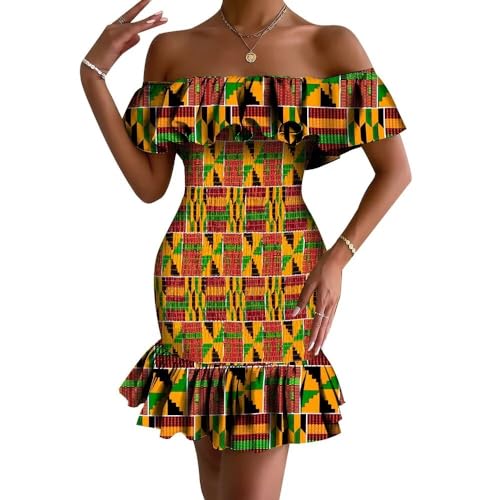 Image of iooiooi Women's Bodycon Dress Off Shoulder Ruffle Elasticated Ankara Dresses Summer African Print Dresses