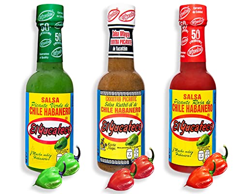 El Yucateco Scharfe Saucen Set (Pack von 3) Grüne, Rote und Kutbil Habanero Chili Sauce Set je 120 ml Cover