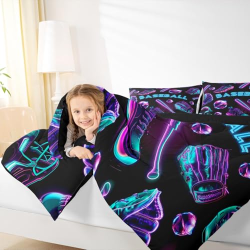 Image of Feelyou Baseball Theme Bedding Set Soft for Boys Girls, Blue Purple Comforter Set Toddler Size Baseball Bat Gloves Duvet Quilt Microfiber Games Shoes Bedroom Decor 2 Pcs with 1 Pillow Cases