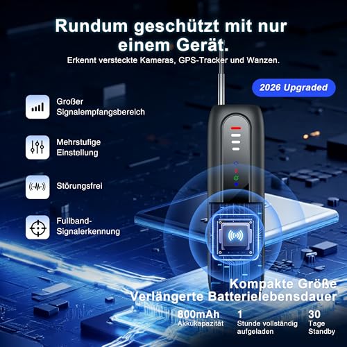 Wanzen Detektor,Versteckte Kamera Detektor mit Dual-Sensor und LED Anzeige,RF Wireless GPS Tracker Finder, Abhörgeräte Detektor,Tragbarer Überwachungsschutz für Airbnb/Hotel/Auto/Büro