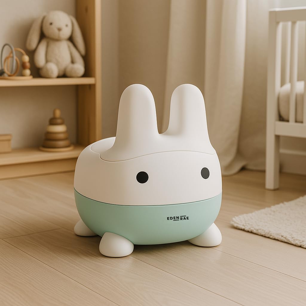 EDEN RAE® Orinal para niños – Cómodo inodoro infantil con tapa y diseño de conejo, ergonómico, antideslizante, sin BPA, incluye libro electrónico de entrenamiento y tarjeta de recompensas