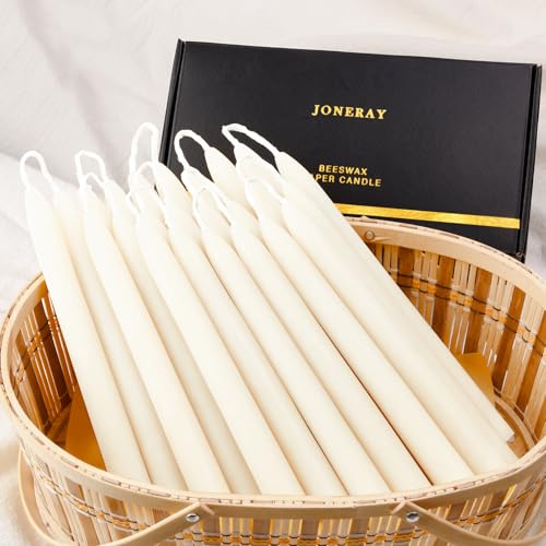 JONERAY Ivory Beeswax Taper Candles, Unscented and Smokeless Taper Candles, 8-inch Pure Natural Bees Wax for Holiday, Birthday (Pack of 24) by JONERAY - Used condition - US$27.99