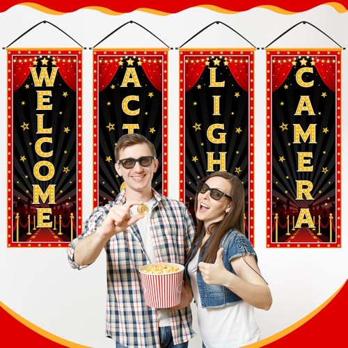 Image of Panelee 4 Pcs Movie Night Porch Banner Movie Themed Party Decorations Theater Welcome Lights Camera Action Front Door Sign Hanging Decoration for Home Photo Film Booth Backdrop Party Supplies