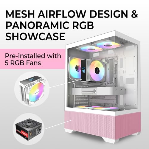 Image of Raidmax i802 Vibe Series ATX Mid Tower Gaming Case Bundle - Tempered Glass Side Panel, Includes 700W 80+ Power Supply, AM1204 Digital Display Air Cooler, and 5 Pre-Installed FRGB Fans (Pink)
