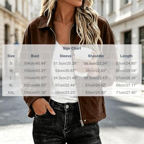 TERGHTP Women's Faux Suede Jacket Lapel Collar Zip Up Leather Fall Jacket - image 4