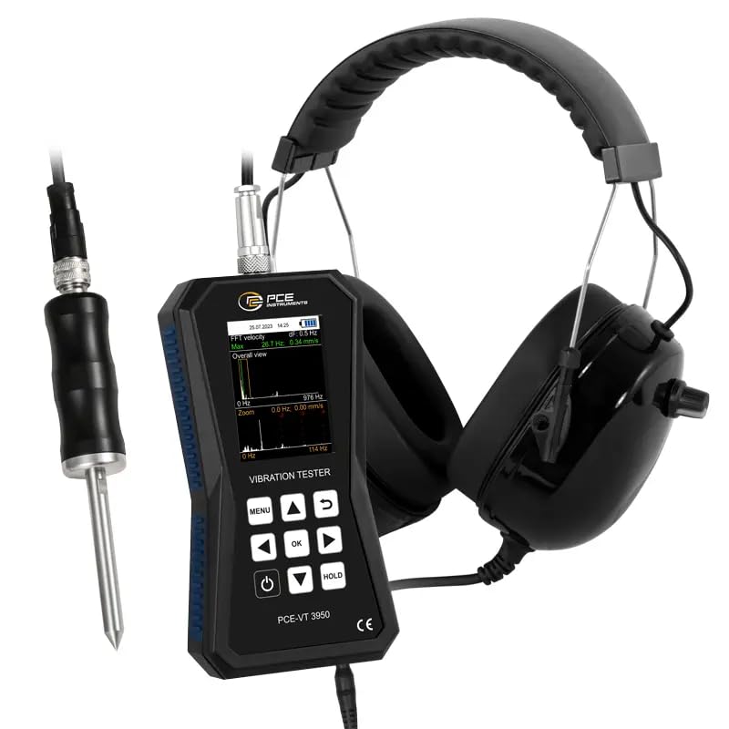 Vibrómetro PCE-VT 3950S con memoria interna/Rutas de medición/Acumulador recargable/Software para el análisis de datos/Interfaz para PC/Rango hasta 399,9 m/s² / Auriculares/PCE Instruments
