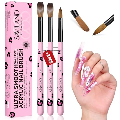 SAVILAND 3 Stück Ultra Glatte Acryl Pinsel Set für Nailart & Nagelverlängerung 5A+ Level Premium Nylon-Nagelbürsten Acryl Pinsel für Nägel Größe 8/10/14 Rosa Leopard Design